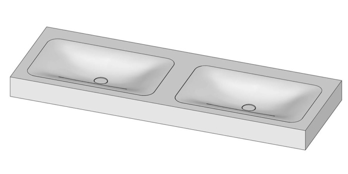 Tekening B DUTCH Wastafel Solid Surface Corian Soft Single 1400. Mat witte dubbele wastafel 140 cm.