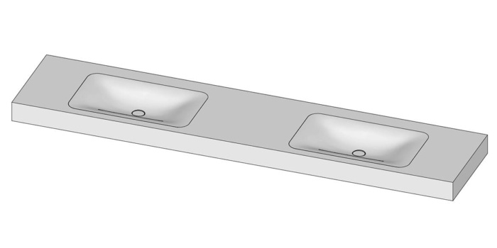 Tekening B DUTCH Wastafel Solid Surface Corian Soft Single 2200. Mat witte dubbele wastafel 220 cm.