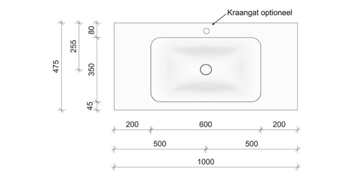 Technische tekening en afmetingen B DUTCH Wastafel Solid Surface Corian Soft Single 1000. Mat witte wastafel 100 cm.