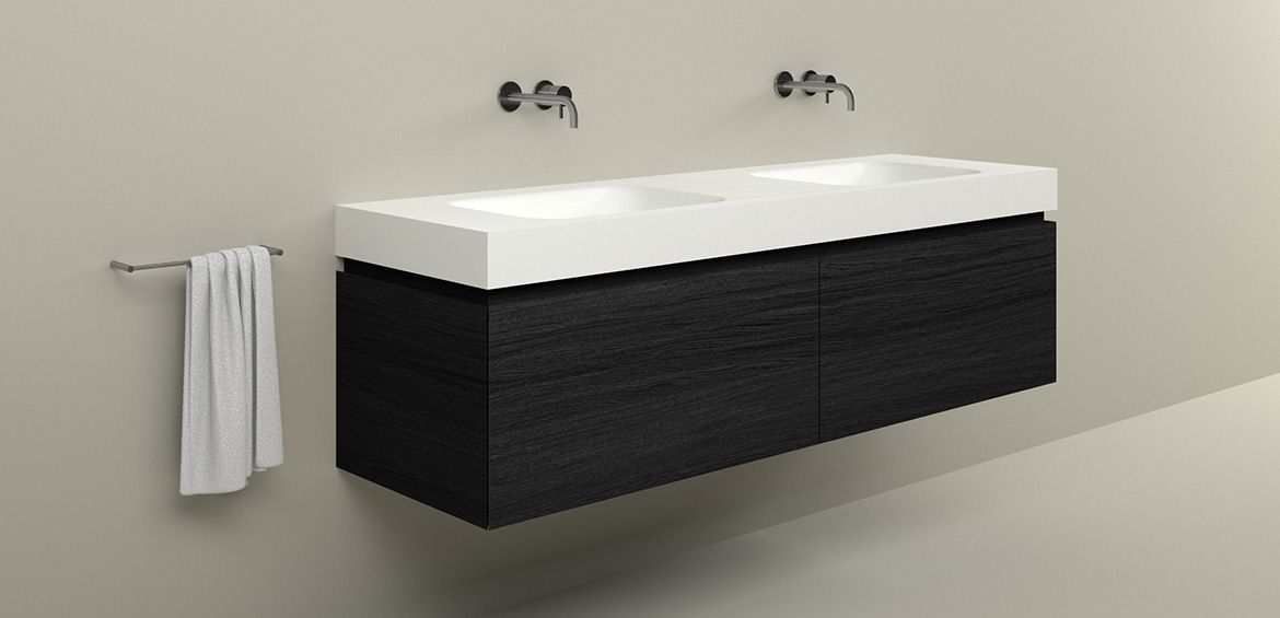 Badkamermeubel, wastafelmeubel, Ferrara 180 cm Quartiers Oak Charcoal eiken houtfineer wastafelmeubel met Barbados Double Solid Surface Corian wastafel van 10 cm dik, met twee wasbakken. Badkamermeubel, wastafelmeubel, Ferrara 180 cm Quartiers Oak Charcoal eiken houtfineer wastafelmeubel met Barbados Double Solid Surface Corian wastafel van 10 cm dik, met twee wasbakken.