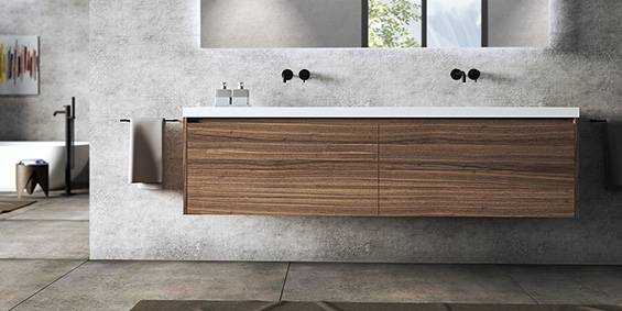 Badkamermeubel Palermo op maat gemaakt met dubbele of enkele wastafel, wasbak. De wastafel is van topkwaliteit Solid Surface Corian dat niet vergeelt. Het houtfineer is van een zeer duurzame en hoogwaardige kwaliteit en leverbaar in diverse houtsoorten. B DUTCH is een producent van hoogwaardige keukens en badkamers incl maatwerk direct af-fabriek tegen lage prijzen. Badkamermeubels, ligbaden, wastafels, douchebakken, toiletfonteinen, RVS kranen, LED verlichting, waanzinnige keramische tegels in alle formaten. Bezoek de B DUTCH fabriek showroom met design badkamers en keukens